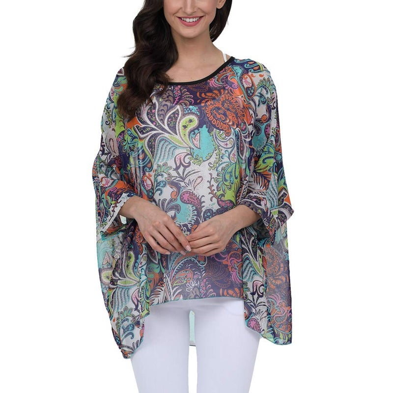 Ckikiou Plus Size Batwing Flowy Semi Sheer Chiffon Blouse Tunic for Women Summer Floral Print Boho Beach Cover ups - Image 4